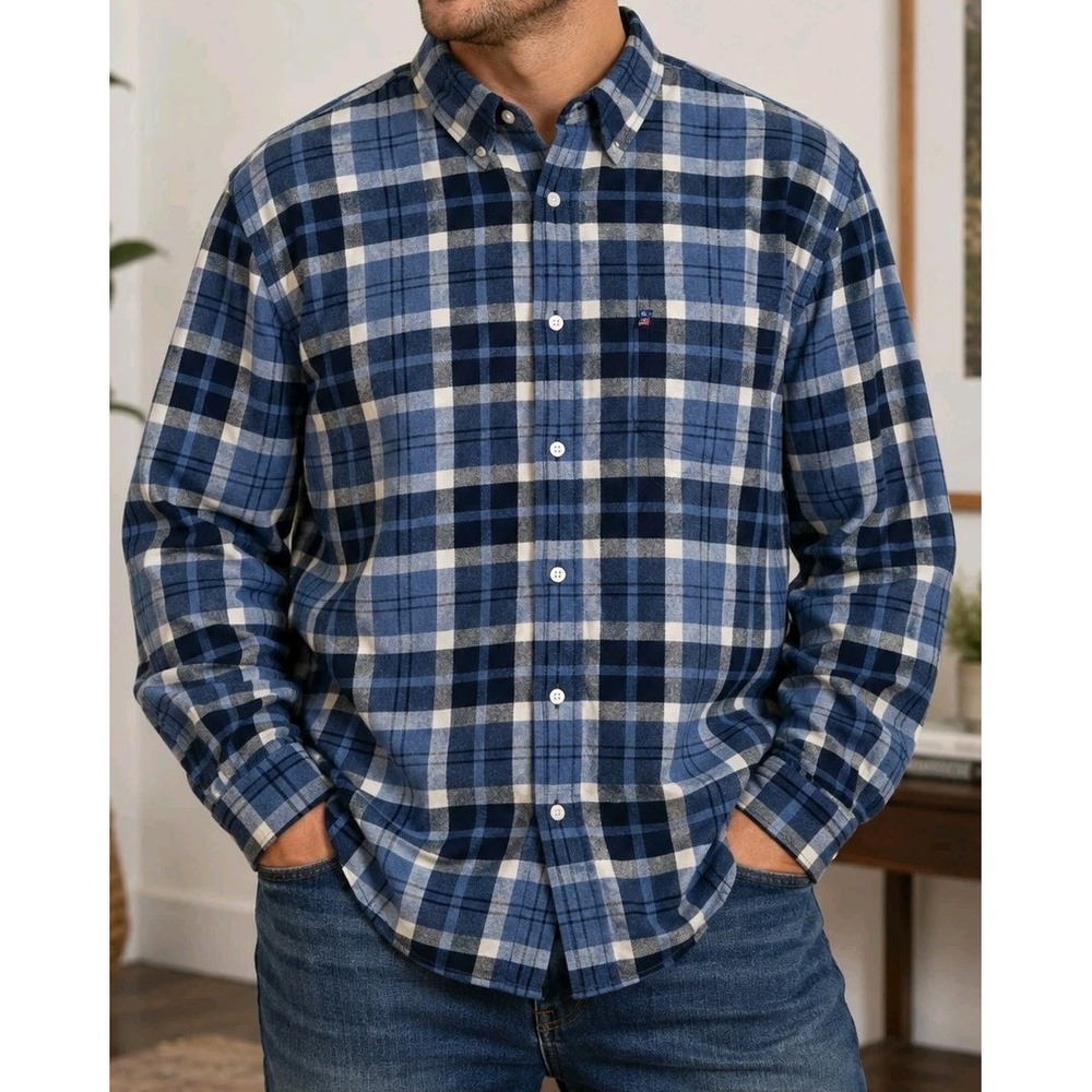 Polo Jeans Co Ralph Lauren XL Blue Plaid Flannel Button Up Shirt Long Sleeve